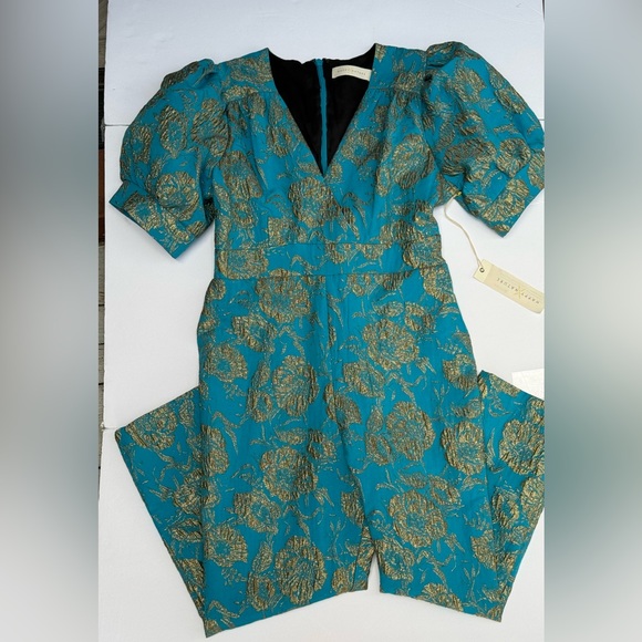 NWT Happy x Nature by Kate Hudson Teal & Gold Brocade Puff Sleeve Jumpsuit - Picture 12 of 15